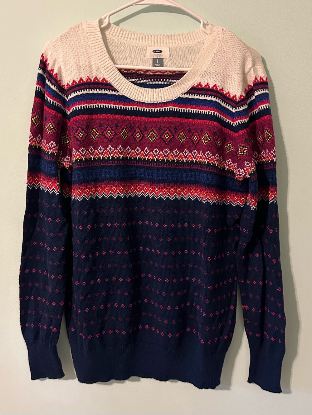 Old Navy Navy, Pink & Cream Fair Isle Crewneck Sweater